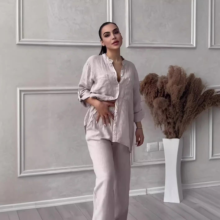 Women's New Stand Collar Long Sleeve Casual Top Two-Piece Pants Set